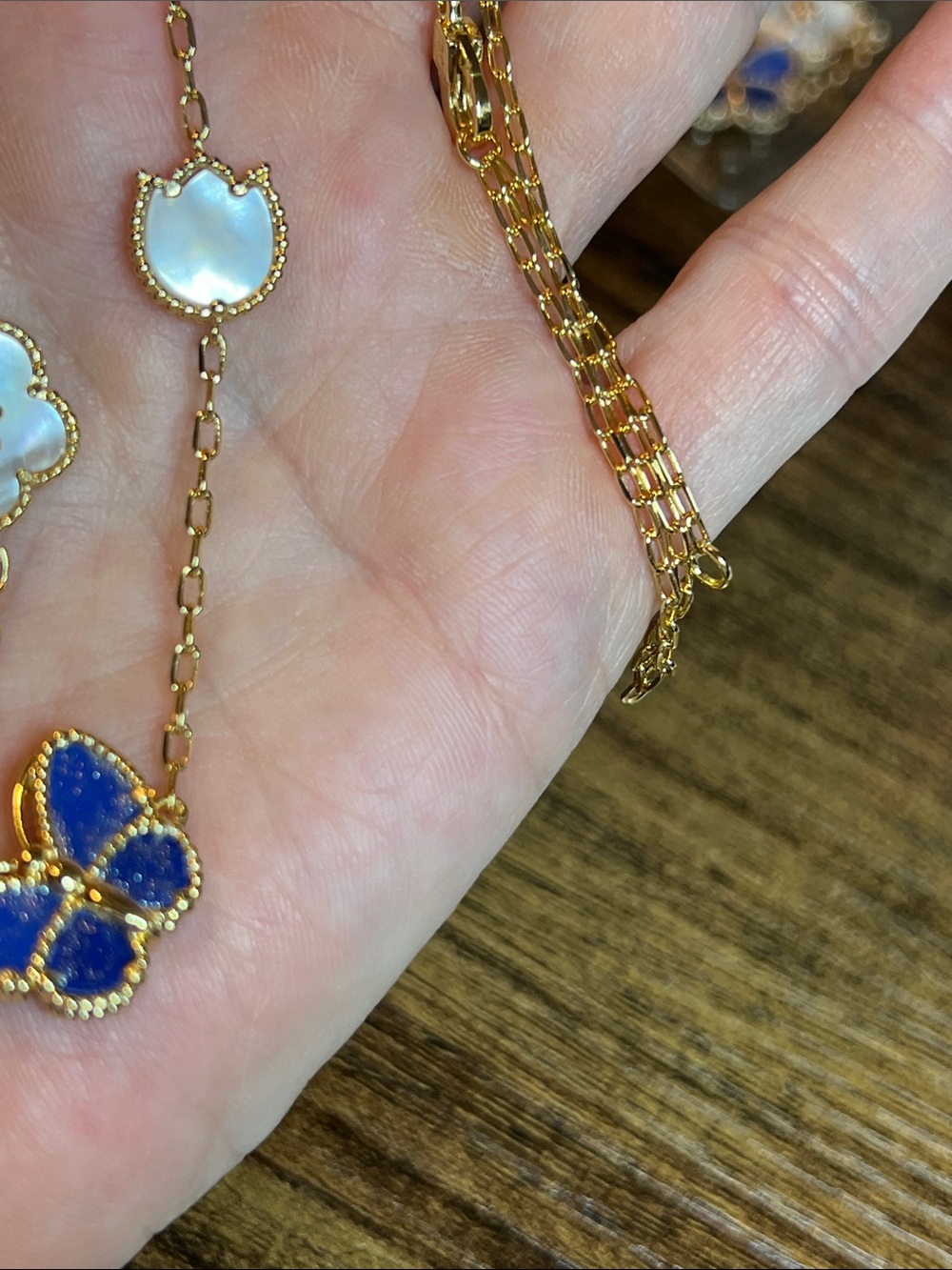 Gold Plated Butterfly Station Necklace with Blue and Mother-of-Pearl Accents